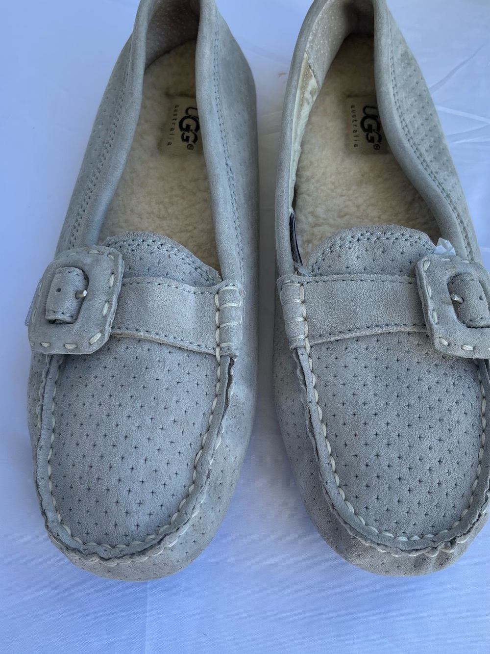 UGG  Light Gray Suede Moccasin Loafers with Buckle Detail